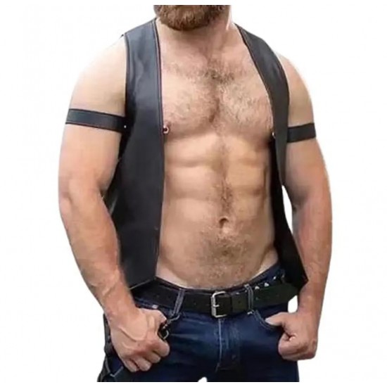 Men Real Leather Bartender Vest Cowhide Bar Waistcoat Open Front Vintage Style, Handmade – Gay Bar Vest, Bar Waistcoat Durability and Style 