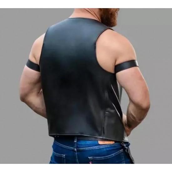 Men Real Leather Bartender Vest Cowhide Bar Waistcoat Open Front Vintage Style, Handmade – Gay Bar Vest, Bar Waistcoat Durability and Style 