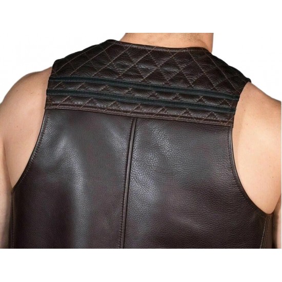 Men Real Leather Bartender Vest Cowhide Bar Waistcoat Open Front Vintage Style, Quilted, Handmade – Gay Bar Vest, Durability and Style