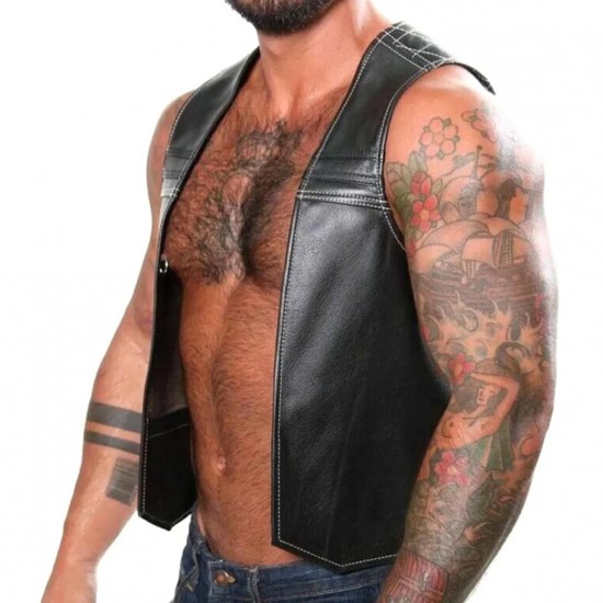 Men Real Leather Bartender Vest Cowhide Bar Waistcoat Open Front Vintage Style, Quilted, Handmade – Gay Bar Vest, Durability and Style 