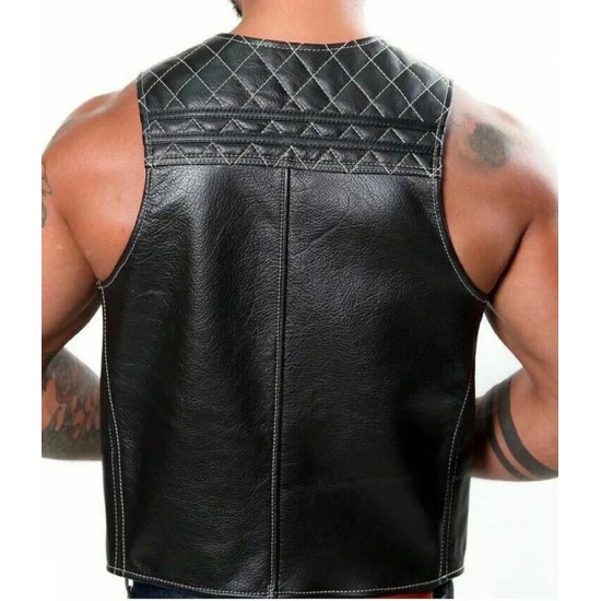Men Real Leather Bartender Vest Cowhide Bar Waistcoat Open Front Vintage Style, Quilted, Handmade – Gay Bar Vest, Durability and Style 