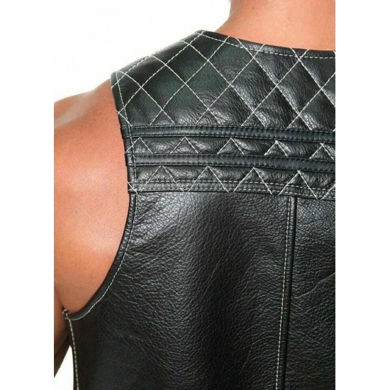 Men Real Leather Bartender Vest Cowhide Bar Waistcoat Open Front Vintage Style, Quilted, Handmade – Gay Bar Vest, Durability and Style 