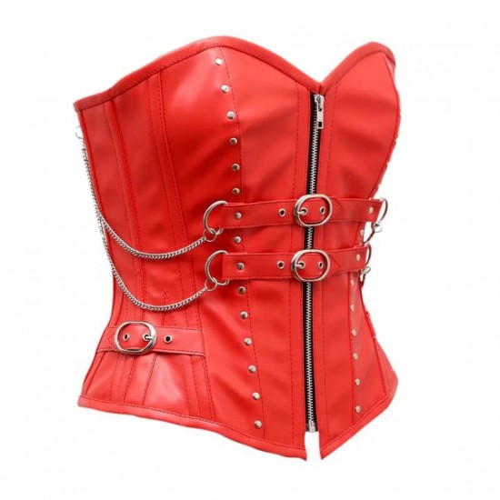 Women Real Leather Corset Overbust Handmade Red Genuine Leather Corset, Heavy Duty Steel Boned Waist Gothic Luxury and Stylish