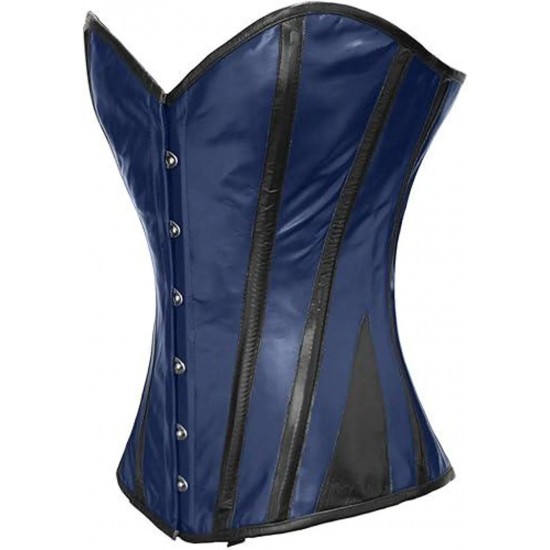 Women Real Leather Corset Overbust Handmade Blue Genuine Leather Corset, Heavy Duty Steel Boned Waist Gothic Luxury and Stylish