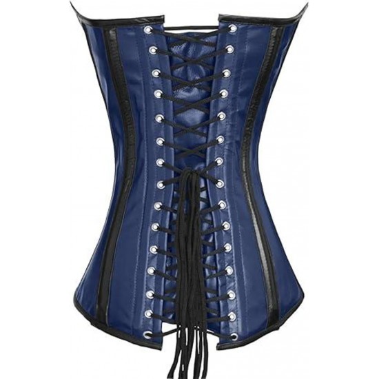 Women Real Leather Corset Overbust Handmade Blue Genuine Leather Corset, Heavy Duty Steel Boned Waist Gothic Luxury and Stylish
