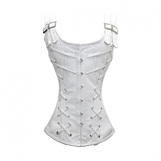 Women Real Leather Corset Overbust Handmade White Genuine Leather Corset, Heavy Duty Steel Boned Waist Gothic Luxury and Stylish