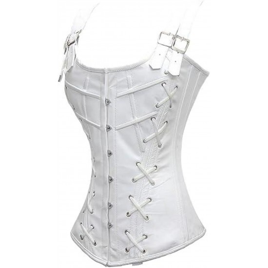 Women Real Leather Corset Overbust Handmade White Genuine Leather Corset, Heavy Duty Steel Boned Waist Gothic Luxury and Stylish