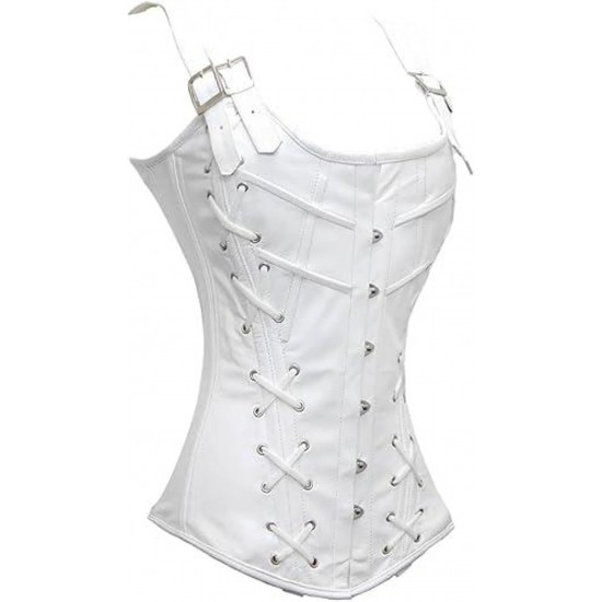 Women Real Leather Corset Overbust Handmade White Genuine Leather Corset, Heavy Duty Steel Boned Waist Gothic Luxury and Stylish