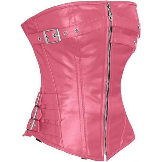 Women Real Leather Corset Overbust Handmade Pink Genuine Leather Corset, Heavy Duty Steel Boned Waist Gothic Luxury and Stylish