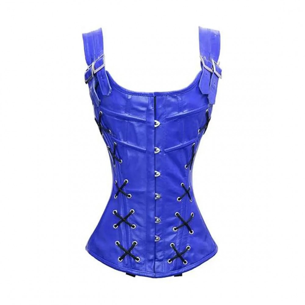 Women Real Leather Corset Overbust Handmade Blue Genuine Leather Corset, Heavy Duty Steel Boned Waist Gothic Luxury and Stylish