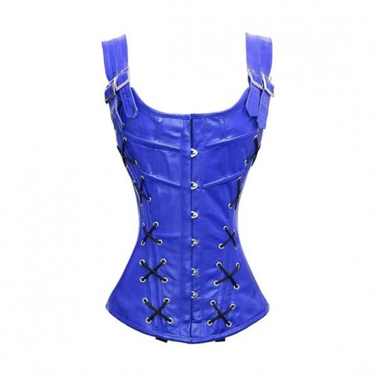 Women Real Leather Corset Overbust Handmade Blue Genuine Leather Corset, Heavy Duty Steel Boned Waist Gothic Luxury and Stylish