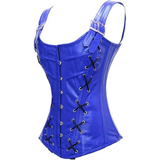 Women Real Leather Corset Overbust Handmade Blue Genuine Leather Corset, Heavy Duty Steel Boned Waist Gothic Luxury and Stylish