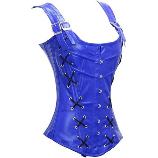 Women Real Leather Corset Overbust Handmade Blue Genuine Leather Corset, Heavy Duty Steel Boned Waist Gothic Luxury and Stylish