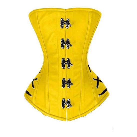 Women Real Leather Corset Overbust Handmade Yellow Genuine Leather Corset, Heavy Duty Steel Boned Waist Gothic Luxury and Stylish