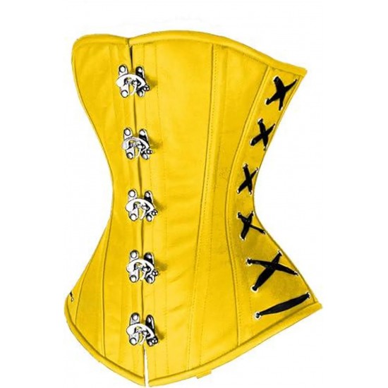 Women Real Leather Corset Overbust Handmade Yellow Genuine Leather Corset, Heavy Duty Steel Boned Waist Gothic Luxury and Stylish
