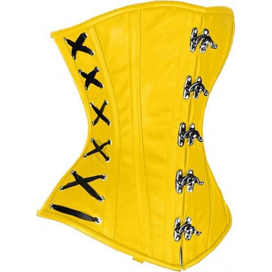Women Real Leather Corset Overbust Handmade Yellow Genuine Leather Corset, Heavy Duty Steel Boned Waist Gothic Luxury and Stylish