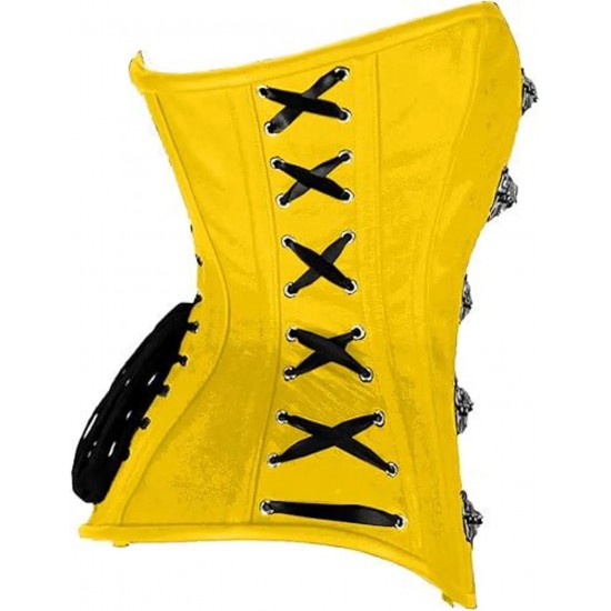 Women Real Leather Corset Overbust Handmade Yellow Genuine Leather Corset, Heavy Duty Steel Boned Waist Gothic Luxury and Stylish