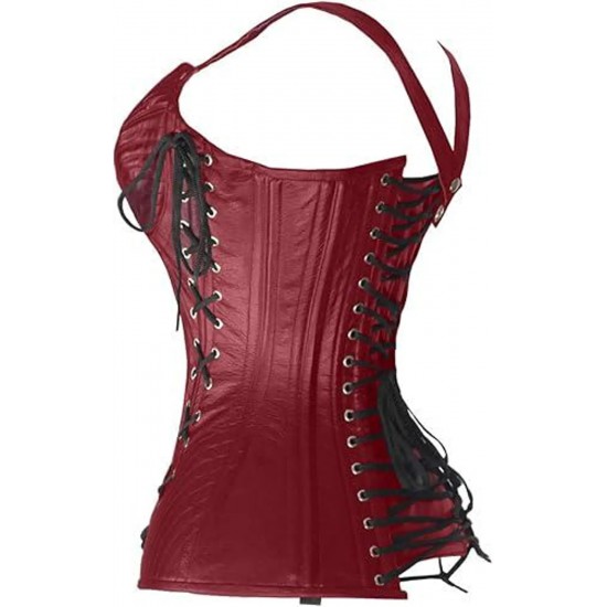 Women Real Leather Corset Overbust Handmade Maroon Genuine Leather Corset, Heavy Duty Steel Boned Waist Gothic Luxury and Stylish