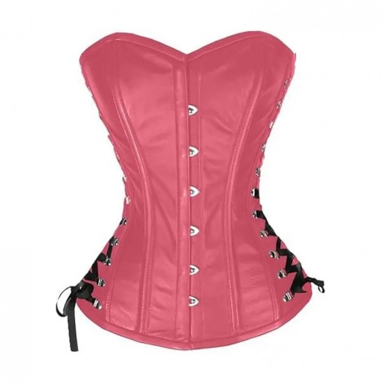 Women Real Leather Corset Overbust Handmade Pink Genuine Leather Corset, Heavy Duty Steel Boned Waist Gothic Luxury and Stylish