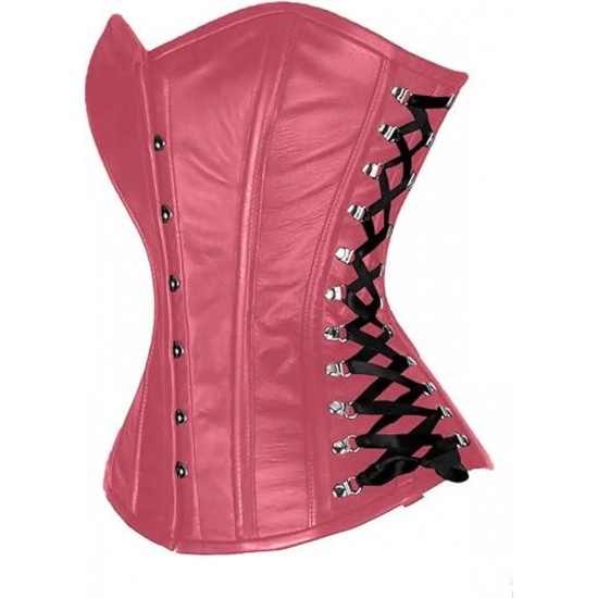 Women Real Leather Corset Overbust Handmade Pink Genuine Leather Corset, Heavy Duty Steel Boned Waist Gothic Luxury and Stylish