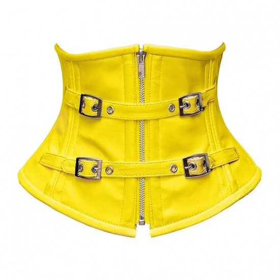 Women Real Leather Corset Underbust Handmade Yellow Genuine Leather Corset, Heavy Duty Steel Boned Waist Gothic Luxury and Stylish