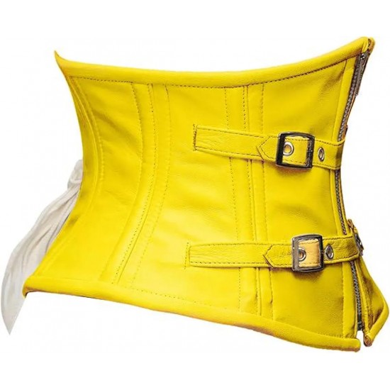 Women Real Leather Corset Underbust Handmade Yellow Genuine Leather Corset, Heavy Duty Steel Boned Waist Gothic Luxury and Stylish