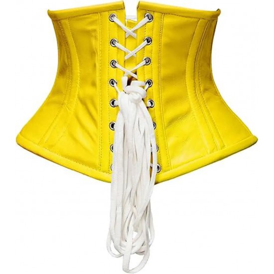 Women Real Leather Corset Underbust Handmade Yellow Genuine Leather Corset, Heavy Duty Steel Boned Waist Gothic Luxury and Stylish