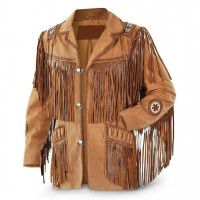 Men's Western Cowboy Real Suede Leather Jacket with Fringe and Bead Work, Traditional Cowboy Native American Jacket