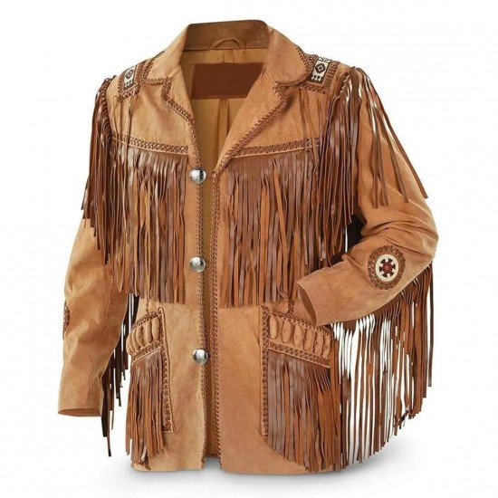 Men's Western Cowboy Real Suede Leather Jacket with Fringe and Bead Work, Traditional Cowboy Native American Jacket