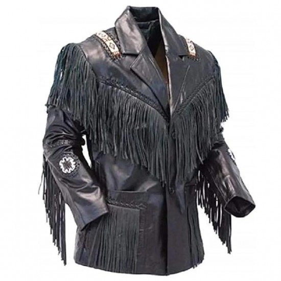 Men's Western Fashion Cowboy Real Leather Jacket Native American Wears Fringed & Beaded Jacket 