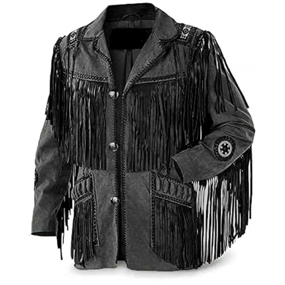 Men's Western Cowboy Real Suede Leather Jacket with Fringe and Bead Work, Traditional Cowboy Native American Jacket