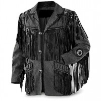 Men's Western Cowboy Real Suede Leather Jacket with Fringe and Bead Work, Traditional Cowboy Native American Jacket