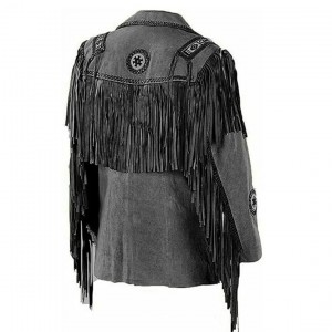 Men's Western Cowboy Real Suede Leather Jacket with Fringe and Bead Work, Traditional Cowboy Native American Jacket