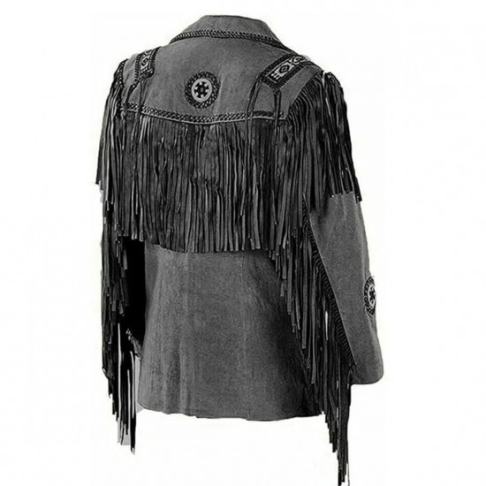 Men's Western Cowboy Real Suede Leather Jacket with Fringe and Bead Work, Traditional Cowboy Native American Jacket