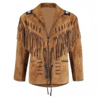 Men's Western Cowboy Real Suede Leather Jacket with Fringe and Bead Work, Traditional Cowboy