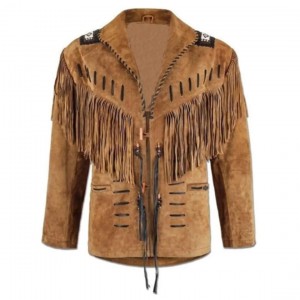 Men's Western Cowboy Real Suede Leather Jacket with Fringe and Bead Work, Traditional Cowboy