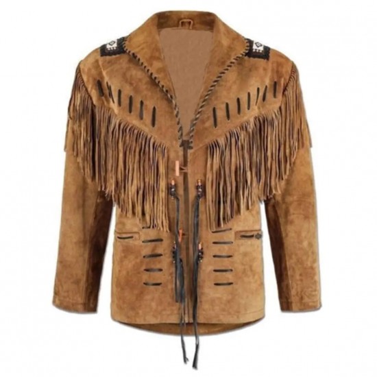 Men's Western Cowboy Real Suede Leather Jacket with Fringe and Bead Work, Traditional Cowboy