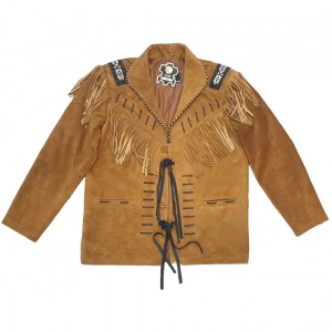 Men's Western Cowboy Real Suede Leather Jacket with Fringe and Bead Work, Traditional Cowboy