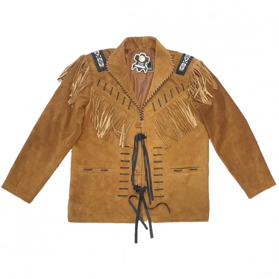 Men's Western Cowboy Real Suede Leather Jacket with Fringe and Bead Work, Traditional Cowboy