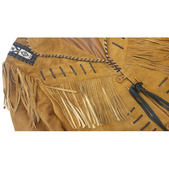 Men's Western Cowboy Real Suede Leather Jacket with Fringe and Bead Work, Traditional Cowboy