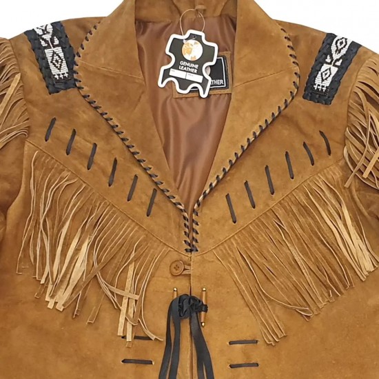 Men's Western Cowboy Real Suede Leather Jacket with Fringe and Bead Work, Traditional Cowboy
