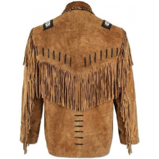 Men's Western Cowboy Real Suede Leather Jacket with Fringe and Bead Work, Traditional Cowboy